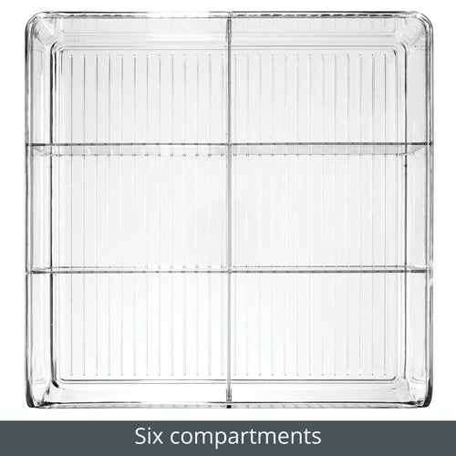 mDesign Plastic Home Office Wide Bin Organizer with 6 Compartments for Cabinets, Closets, Drawers, Desks, Tables, Workspace - Staple, Notepad, Paperclip Holder - Ligne Collection - 2 Pack - Clear