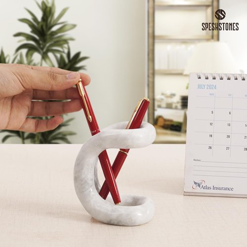 SPESHSTONES Marble Pen Holder 4 Inch White Desk Organizer for Office Accessories & School Supplies - Stone Pencil, Toothbrush & Makeup Brush Holders for Room Decor