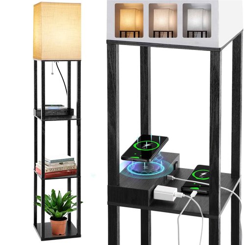 Dott Arts Floor Lamp with Shelves, Shelf Lamp with Wireless Charger & USB A+C Ports & 2 AC Outlets,3 Color Temperature Corner Tall Standing Floor Lamps for Living Room, Bedroom, Office (Black)