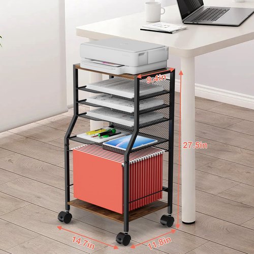 BOHDK Rolling File Cart, 6-Tier Under Desk Organizer on Lockable Wheels, Brown Wood Planks & Mesh File Cart with Hanging File Folders Rack and Paper Trays for Office Home, 14.7" L x 11.8" D x 27.5" H