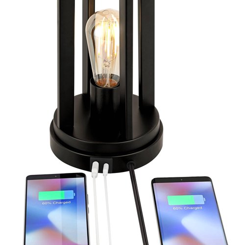 360 Lighting Marcel 24 1/4" Tall Modern Industrial Set of 2 Table Lamps with USB Ports A+C Charging LED Nightlight Black Metal Natural Linen Shade Bedroom Living Room House Desk Bedside Nightstand