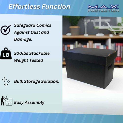 Max Protection Comic Book Storage Boxes - Short Cardboard Black Case for 150-175 Comic Books - Double Thickness Design - Premium Stackable Book Box for Silver Age & Modern Comics (Pack of 5)