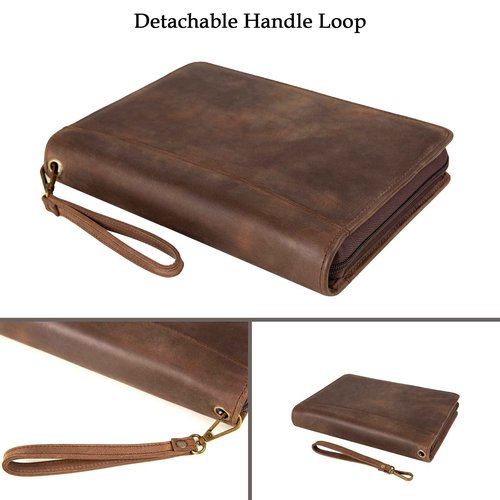 GZRHKJ A5 Genuine Leather Portfolio, 6 Ring Binder Notebook Portfolio, Refillable Planner with Binder Pockets (Standard,Dark Khaki)