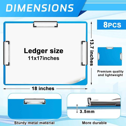 Tenceur 8 Pcs 11x17 Clipboard Three Clip Blue Extra Large Clipboard Horizontal Drawing Board 11 x 17 Inch Art Sketching Landscape Board for School Office Students Teachers Supplies
