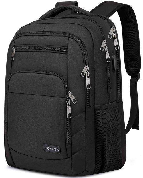 Liokesa Travel Laptop Backpack, 17.3 Inch Large Backpack for School, Business Laptop Backpack with USB Charging Port, Anti Theft Water Resistant College Computer Bag Daypack for Men Women, Black