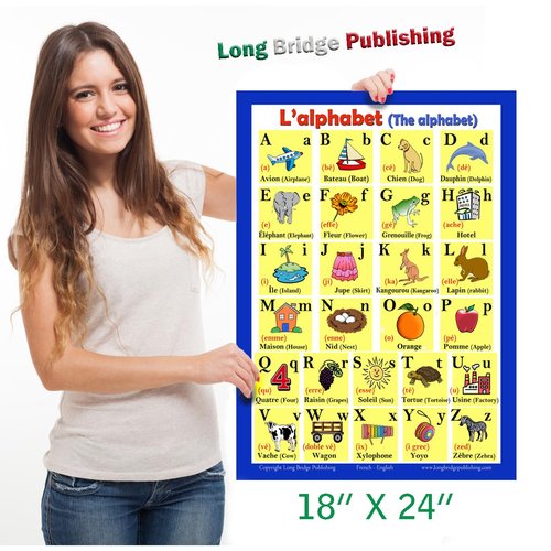 Long Bridge Publishing French Language School Poster - Alphabet, Langue Française - Wall Chart, French-English Bilingual Text (18x24 inches)