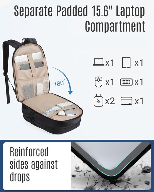 LIGHT FLIGHT Travel Backpack - 15.6" Laptop Bag with USB Charging, Water Resistant, Black