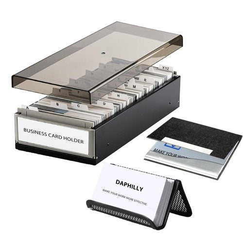 Daphilly Business Card Holder for Desk, Business Card Holder Organizer, Credit Card Organizer Case File Index Card Box Storage,with A-Z Tabs, Storage up to 600 Cards, Metal Structure (medium)