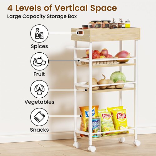 Asgolion Slim Storage Cart, 4 Tier Rolling Cart with Handle, Kitchen Cart on Wheels, Metal Frame Narrow Cart for Small Spaces for Dining Room, Bathroom, Laundry Room, Office White