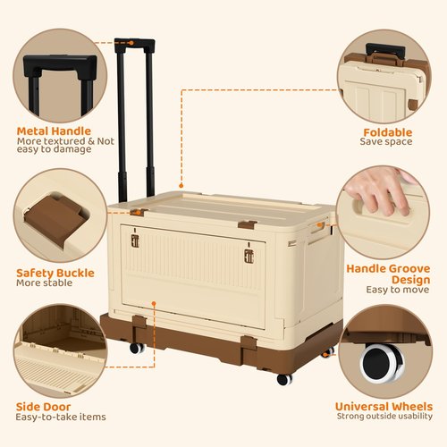 VOWNER Large Foldable Utility Cart, Portable Rolling Crate with 132 lbs Capacity, Handcart Shopping Trolley with Lid and 4 Rotate Wheels, for Grocery, Shopping, Office, Camp, Brown