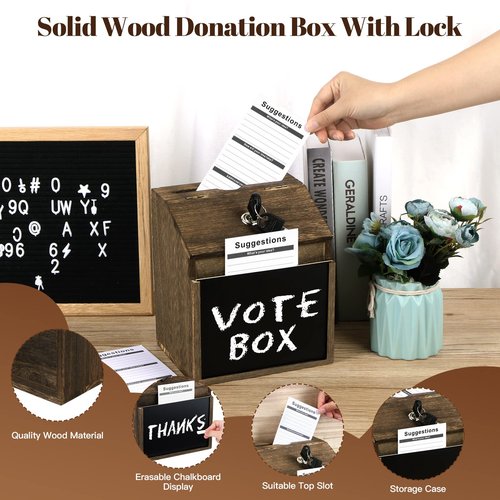 AFOROEOA Wood Suggestion Box with Lock - 6 Chalkboard, 100 Suggestion Cards, Tip Jar, Wall Mountable Donation Box, 8x7x6Inches