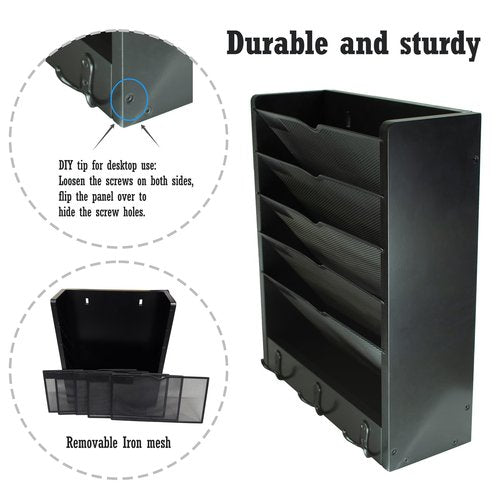 YINGXUN Multi Use Hanging Wall Files and Mail Organizer with Hooks (Black)