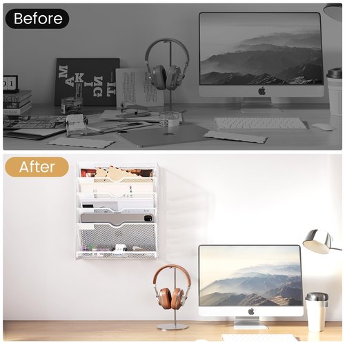 Kinkota Hanging Wall File Organizer Mesh 6 Tier Wall Mounted Mail Paper Folder Holder Document Organization Stand Desk File Organizer Tray for Office & Home Cubicle Countertop-White