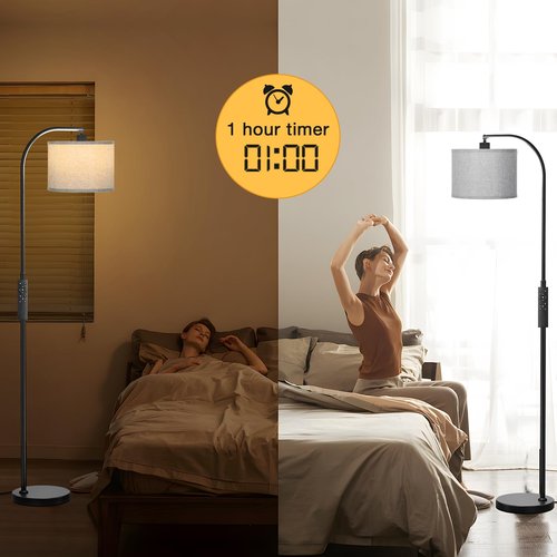 Arc Floor Lamp with Remote and Stepless Dimmable Bulb, Colors Temperature & Brightness Adjustable, Floor Lamps for Living Room（Grey Shade & Black Pole）