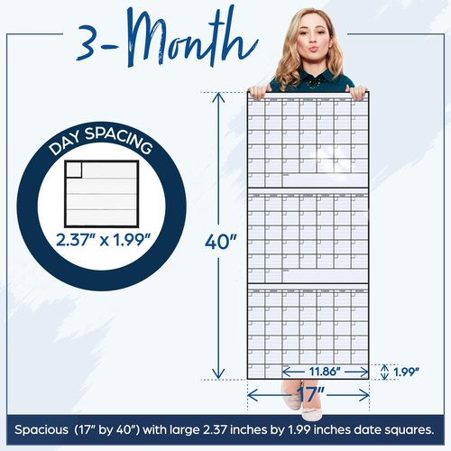 3 Month Dry Erase Calendar for Wall, 40x17, 3 Month Wall Calendar Dry Erase, Big White Board for Office, Home & School, Giant Erasable Whiteboard, Jumbo Monthly Undated Reusable White Board Planner