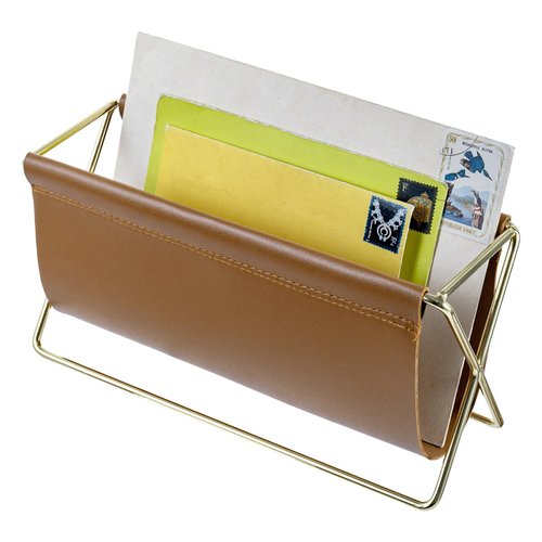 MyGift 10 Inch Mid Century Caramel Leatherette Mail Sorter Letter Holder Rack with Brass Tone Metal Frame, Faux Leather Sling Style Office Desk Card Envelope Organizer Stand