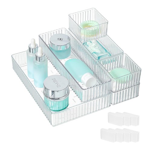 Swuj Clear Drawer Organizer Bins 7 pc Set, 4-Size Stackable Trays for Makeup Vanity Drawers, Bathroom Drawer Organizer Storage Containers for Cosmetic, Office Supplies