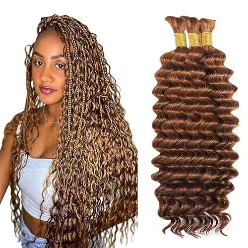 #30 Brown Human Braiding Hair Deep Water Bulk 18 18 18 Inch Human Hair Weave 3 Bundle Unprocessed Brazilian Virgin Hair Light Brown Deep Curly Braiding Hair Extensions 50 Grams/Bundle