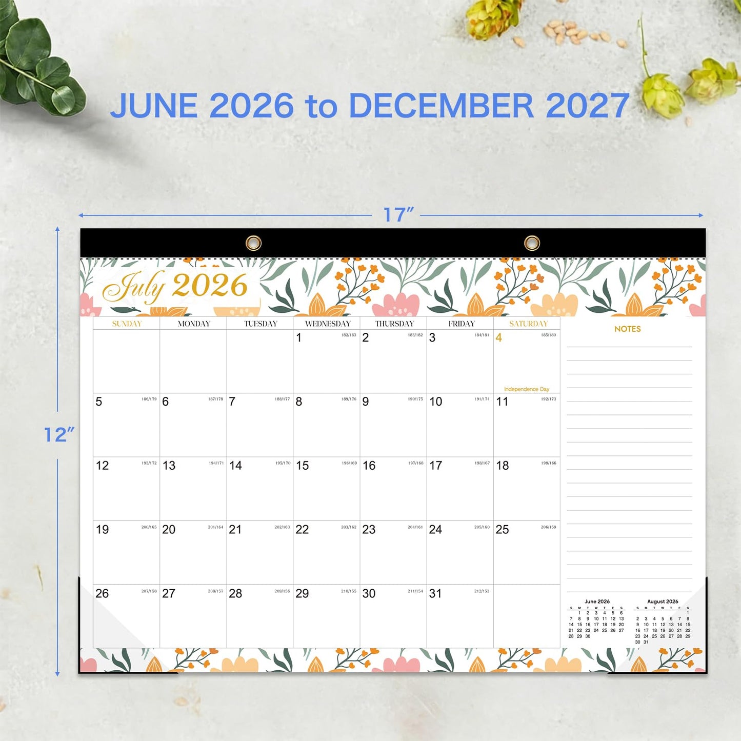 Desk Calendar 2026-2027 - 19 Month Desk Calendar july 2026-2027 Dec, 17" x 12", Large Monthly Desktop Calendar with Plastic Cover, Thick Paper, Corner Protectors - Floral (2 Stickers Included)