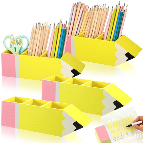 4 Pcs Pencil Shaped Pen Holders Wooden Desk Pen Pencil Dispensers Back to School Gifts DIY Desk Stationery Storage for Students Teacher Appreciation Gifts School Classroom Office Supplies
