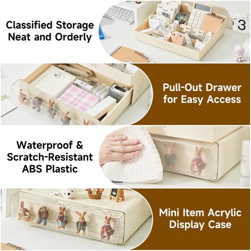 UFORU Desk Organizer with 6 Compartments, 2 Tier Stackable Storage Drawers Plastic Makeup Storage, Office Desk Storage Box, Stationary Sorting Helper