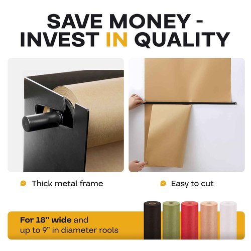 IDL Packaging 18" Wall Mounted Kraft Paper Roll Dispenser & Cutter for Rolls up to 18" Wide and 9" in Diameter - Durable Paper Holder with a Serrated Blade - Wall Mount Set Included