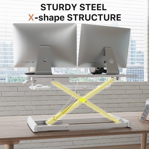 JOY worker Standing Desk Converter, 32" Wide Height Adjustable Sit Stand Up Desk Riser with Keyboard Tray, Desktop Workstation Riser for Home Office Computer Laptop, Particle Board, White