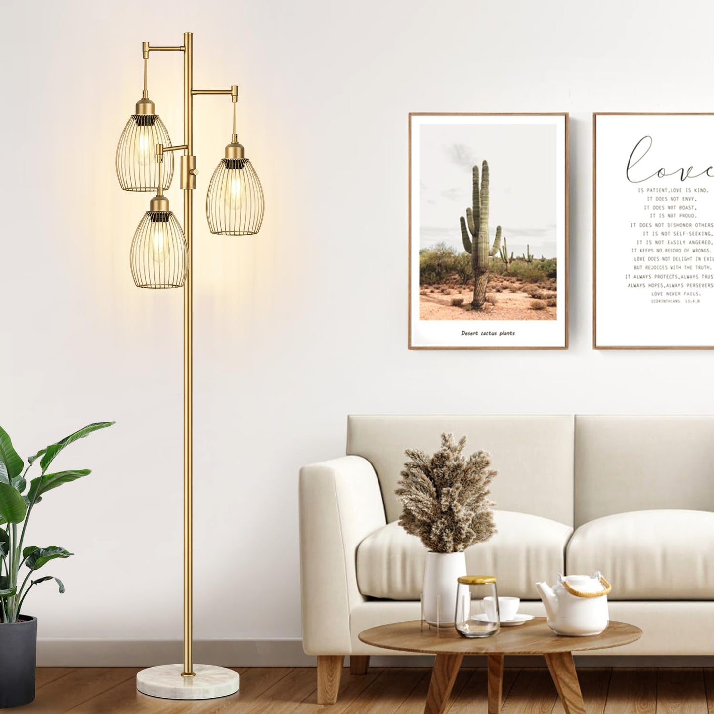Torondo Dimmable Floor Lamps for Living Room, Industrial Standing Lamp with Marble Base, Gold Tree Tall Pole Light with 3 Elegant Teardrop Cage Head & 800 Lumens LED Bulbs for Bedroom Office