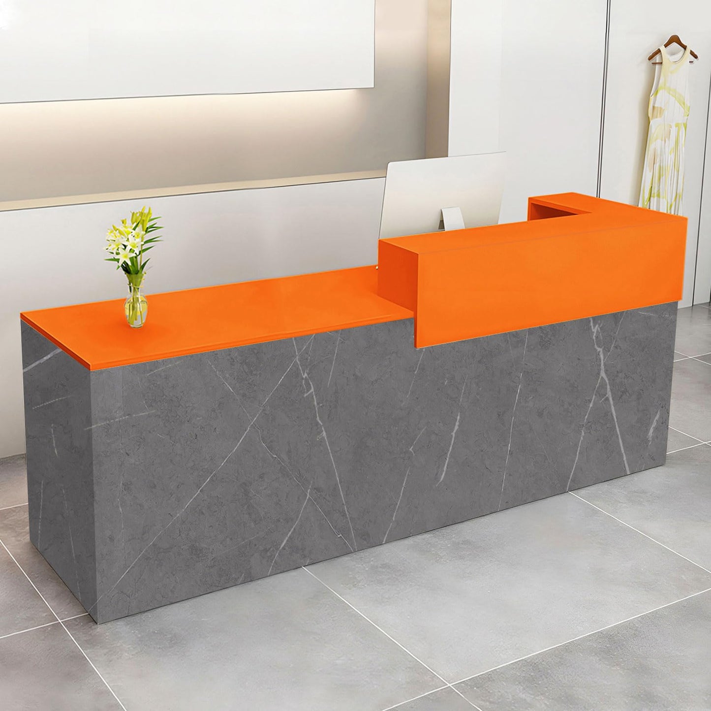 Modern Reception Desk with Drawer & Open Shelves, 39-95 Inch Front Counter Table, Computer Workstation Suitable for Salons, Offices, Lobbies, Retail Stores and Home Offices