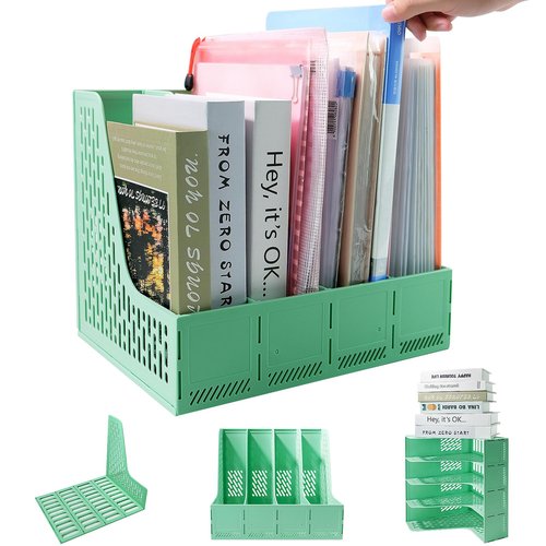ZQS Plastic Magazine File Holder, Desk Organizer File Folder for Office Organization and Storage, Sturdy Binder Organizer with 4 Vertical Compartmente，Desktop Accessories for Office Storage