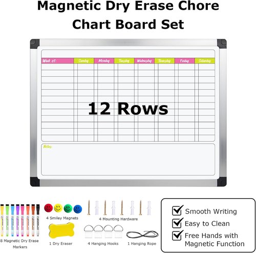 EAONE Magnetic Dry Erase Chore Chart - Double-Sided Weekly Calendar for Kids & Adults | 16 x 12 in, Aluminum Frame, 8 Markers, 4 Magnets & Eraser