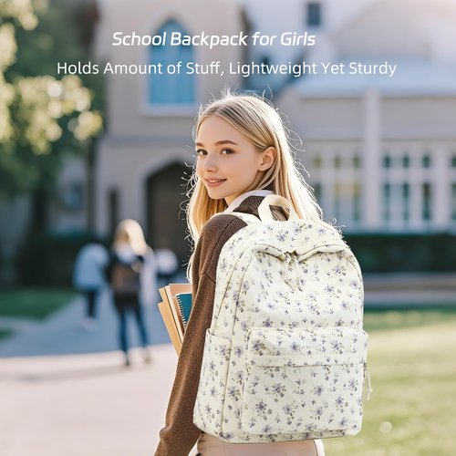School Backpack for Teens Large Corduroy Bookbag Lightweight Girls Boys Casual High School College 17 inch Laptop Travel Bag (Grace Purple Flower)