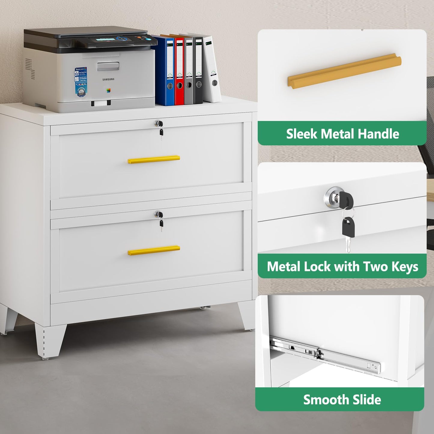 Metal Lateral File Cabinet with Lock,2 Drawer Steel Wide Filing Organization Storage Cabinets,Filing Cabinet for Legal/Letter/A4/F4 Size with Hanging Files&Key,Lockable Cabinet for Home Office,White