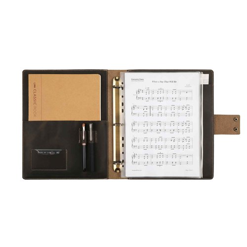 Handmade Leather Music Folder, Sheet Music Binder Personalized Music Holder, Leather Binder 3-Ring for 8.5x11 Music Sheet with Clear Sheet Protectors, Grey
