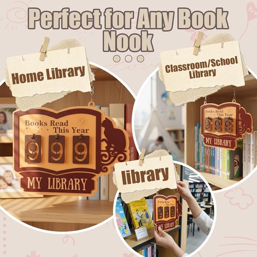 Books Read This Year Counter - Large Wooden Wall & Bookshelf Decor Sign | 'My Library' Reading Count Plaque - Perfect Gift for Book Lovers & Teachers