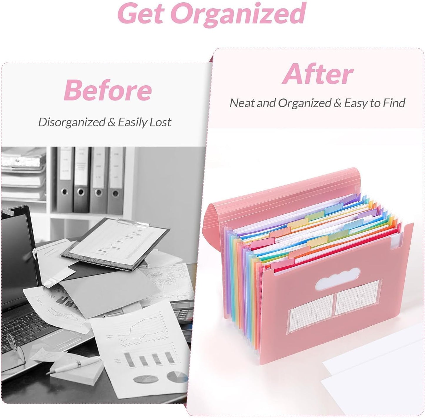 SKYDUE Accordion File Organizer - Expanding 13-Pocket Folder for Documents | Portable A4 Size Pink