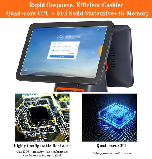POS Cash Register, All-in-One Cashier Register with Dual Touch Screen 15.6", POS System for Small Business with CPU I5, 8GB RAM, 128G SSD, Windows 10, WiFi Module, for Retail and Restaurant,Black