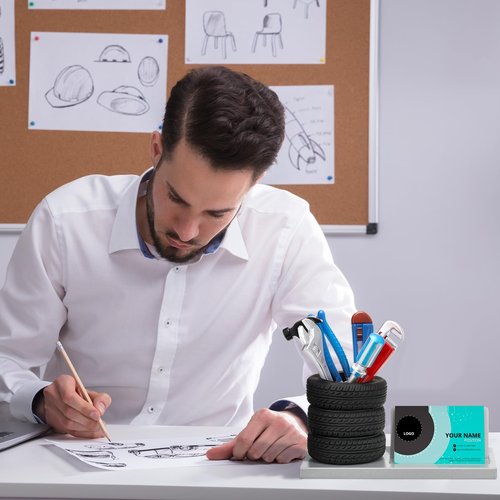 Feifeiya 7 Pcs Novelty Tool Pens Set Tire Shaped Pencil Holder Business Card Holder Wrench Pens Car Salesman Gift Fun Tire Decor Mechanic Desk Accessories for Desk Office Men Car Lover(Black,Silver)