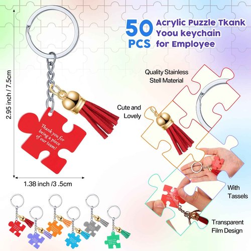 Sayglossy 50 Set Bulk Team Appreciation Gifts for Employee Coworker School Staff Teacher Student Client Inspirational Pens and Positive Puzzle Piece Keychains 10 Style for Christmas Gifts