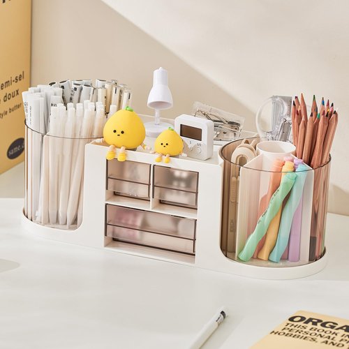 UFORU Dual Rotating Pen Holder and Drawer Organizer with 360° Smooth Rotation and Detachable Design Art Supplies Storage Box for Home, Office Classroom (Grey)