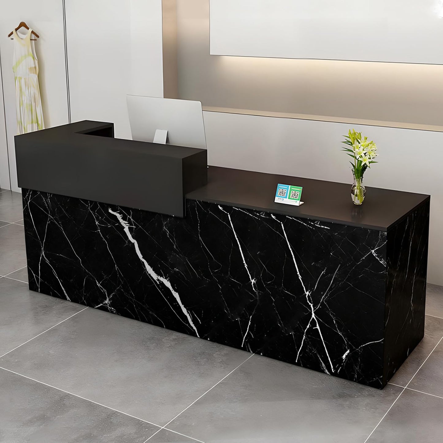 Modern Reception Desk with Drawer & Open Shelves, 39-95 Inch Front Counter Table, Computer Workstation Suitable for Salons, Offices, Lobbies, Retail Stores and Home Offices