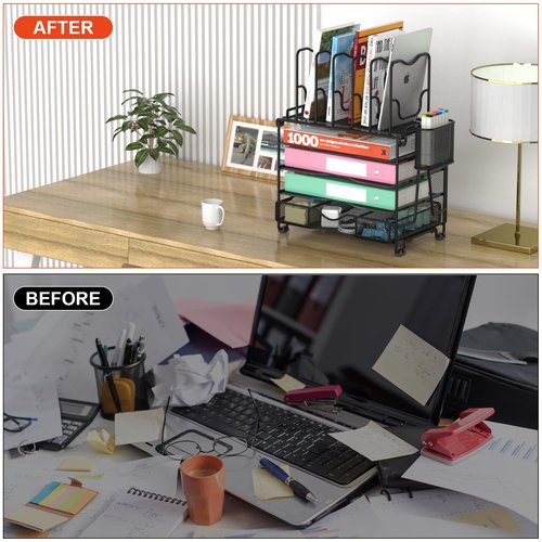 BOHDK Mesh Desk Organizer, 3-IN-1 Desktop Organizer with 4 Tier Tray and 5 Upright Sections, File Organizer for Desk with Sliding Drawer, Black