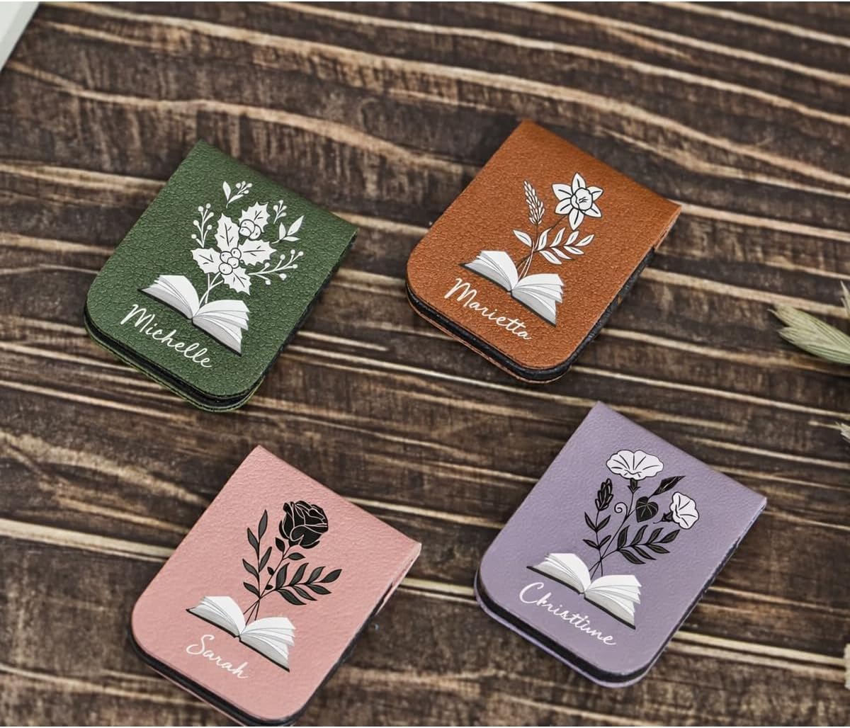 Skiennix Personalized Leather Magnetic Bookmark - Custom Birth Flower Design | Unique Gift for Readers