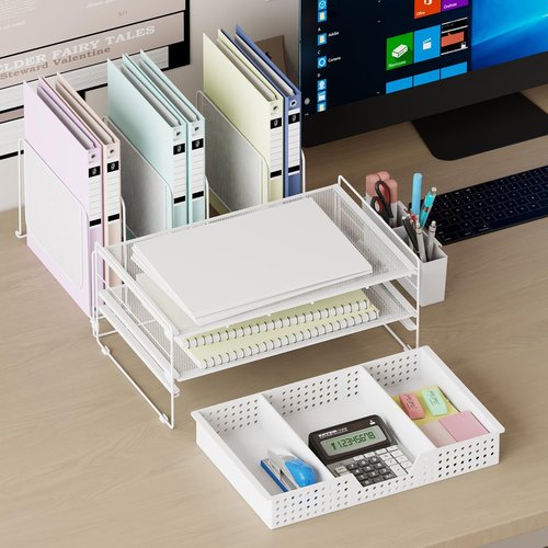 LEKETREE Desk Organizer - Vertical File Holder with Drawer & Pen Holder | White Office Accessories