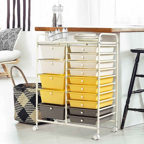 15-Drawer Storage Cart, Mobile Rolling Utility Cart w/Wheels, Multipurpose Organizer Cart for Tools, Scrapbook, Paper, Ideal for Home Office School (Yellow)