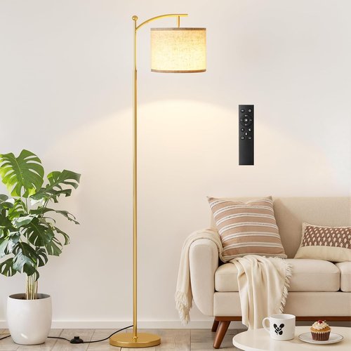 Ambimall 60" Adjustable Floor Lamp - Remote Control, Color Temperature & Brightness Options, Beige Shade & Gold Pole