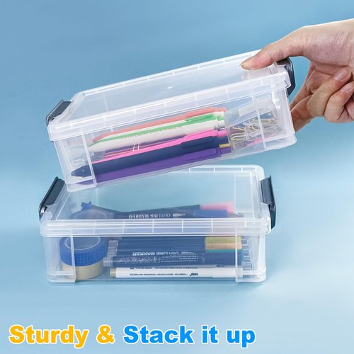 YOIYINI 4Pcs Clear Pen Holder Boxes,Marker Organizer for Desk,Extra Large Crayon Holders,Plastic Storage Box for Pen,Crayon,Markers,Rulers,Art Supplies
