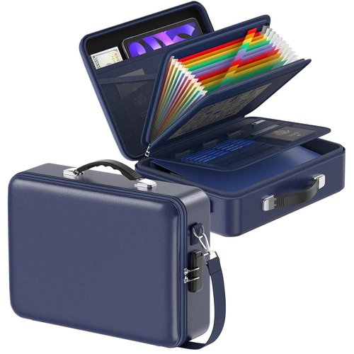 Chokoter Fireproof Document Box with Lock＆Shoulder Strap, Hard-Shell Case File Organizer with Accordion File Folder, Multi-Layer Portable Home Office (Blue)