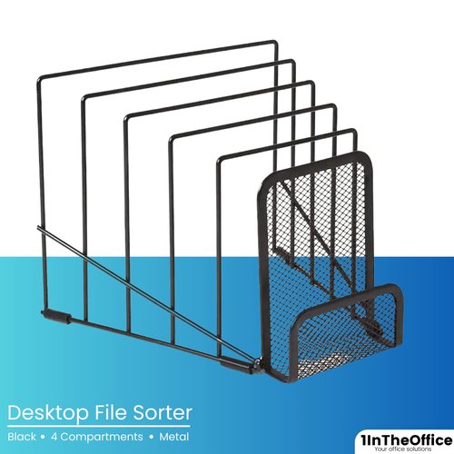 1InTheOffice Metal Incline Desktop File Sorter, Black Wire Mesh Step Sorter, 6 Compartments