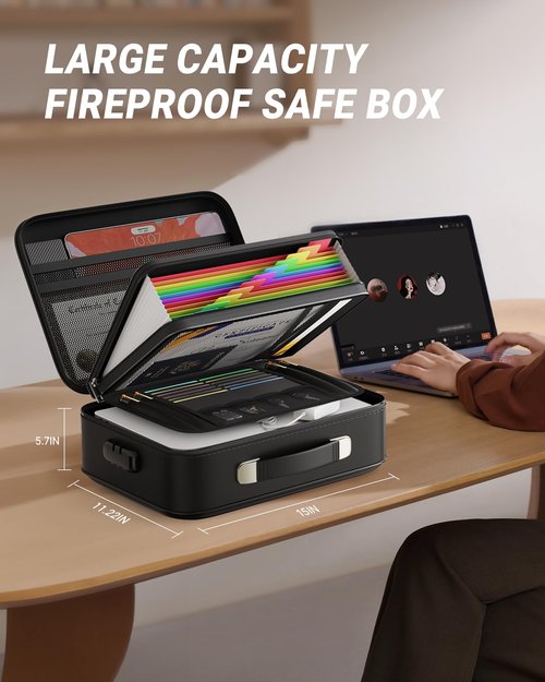 Oterri Fireproof Document Box,Hard Case Safe box with Lock,Upgraded 8 Layers Large File Organizer,Water Resistant Safe for Important Documents, Certificates, Laptop, Passports - File Box in Black